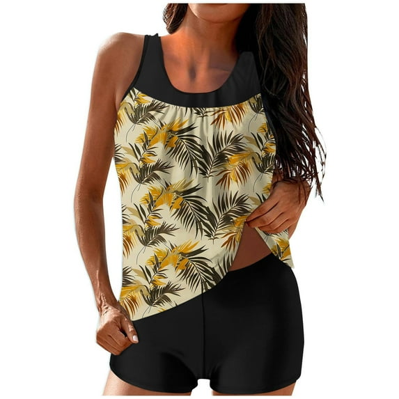Ecqkame Womens Tank Bathing Suits Conservative Print Casual Tankini Set Two Piece Stretchy Summer Beach Swimsuits 02-Yellow S