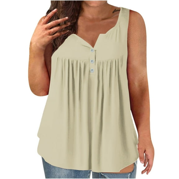 Ecqkame Womens Tank Tops Crewneck Loose Basic Casual Summer Tops Sleeveless Pleated Button Solid Color Blouse Beige XXL