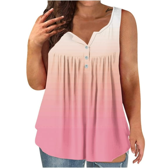 Ecqkame Womens Tank Tops Crewneck Loose Basic Casual Summer Tops Sleeveless Pleated Button Solid Color Blouse Pink L
