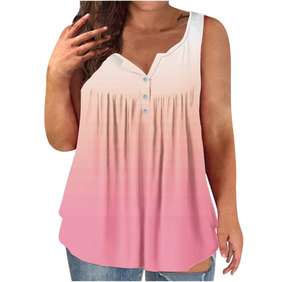 Ecqkame Womens Tank Tops Crewneck Loose Basic Casual Summer Tops Sleeveless Pleated Button Solid Color Blouse Pink XXXL