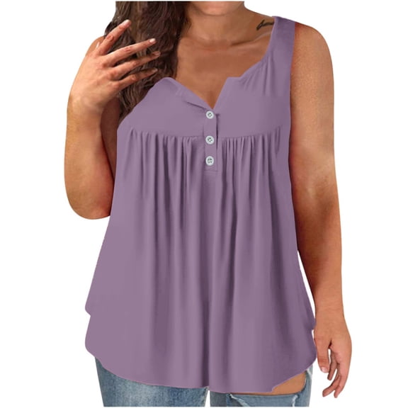 Ecqkame Womens Tank Tops Crewneck Loose Basic Casual Summer Tops Sleeveless Pleated Button Solid Color Blouse Purple L
