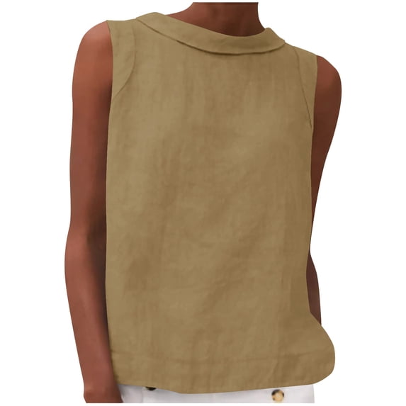 Ecqkame Womens Tank Tops Summer Casual Solid Color Crew Neck Sleeveless Tops Loose Basic Tunic Lightweight T Shirts Khaki-A S