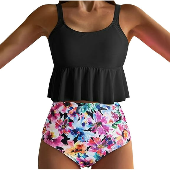 Ecqkame Womens Tankini Bathing Suits Two-Piece High Waisted Swimsuit Ruffled Flounce Floral Print Swimwear Black B L