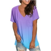 Ecqkame Womens Tops Clearance Women's Fashion Printing Casual V-neck Short Sleeve Loose T-shirt Tops Blue M