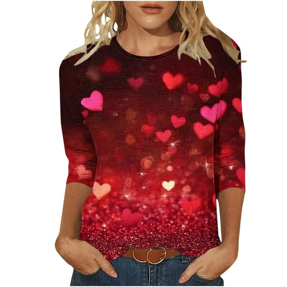 Ecqkame Womens Valentine T Shirts Love Heart Graphic Tees Tops Cute 3/4 Sleeve Casual Loose Lightweight Blouses Red XL