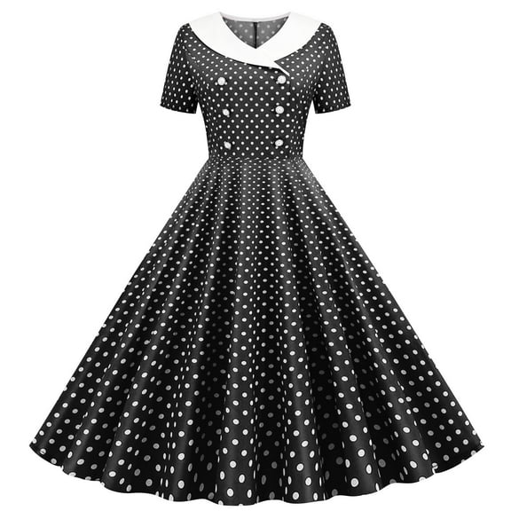 Ecqkame Womens Vintage Dress A Line Flare Short Sleeve Crew Neck Dresses Polka Dots Printing Fashion Cocktail Swing Dresses Black XL