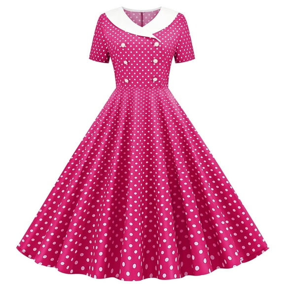 Ecqkame Womens Vintage Dress A Line Flare Short Sleeve Crew Neck Dresses Polka Dots Printing Fashion Cocktail Swing Dresses Hot Pink M
