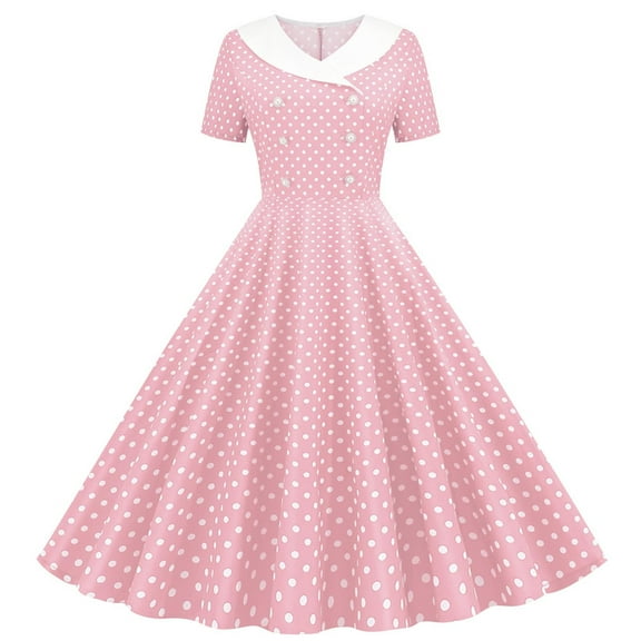Ecqkame Womens Vintage Dress A Line Flare Short Sleeve Crew Neck Dresses Polka Dots Printing Fashion Cocktail Swing Dresses Pink S