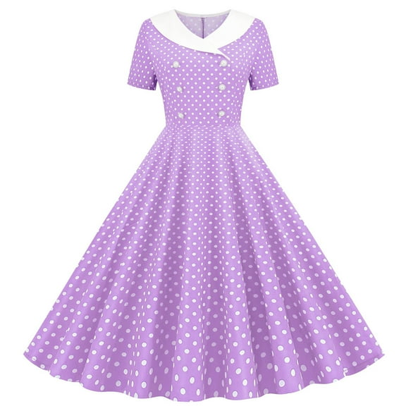 Ecqkame Womens Vintage Dress A Line Flare Short Sleeve Crew Neck Dresses Polka Dots Printing Fashion Cocktail Swing Dresses Purple M