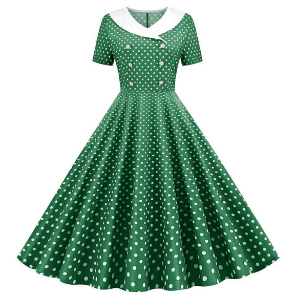 Ecqkame Womens Vintage Dress A Line Flare Short Sleeve Crew Neck Dresses Polka Dots Printing Fashion Cocktail Swing Dresses Army Green XXL