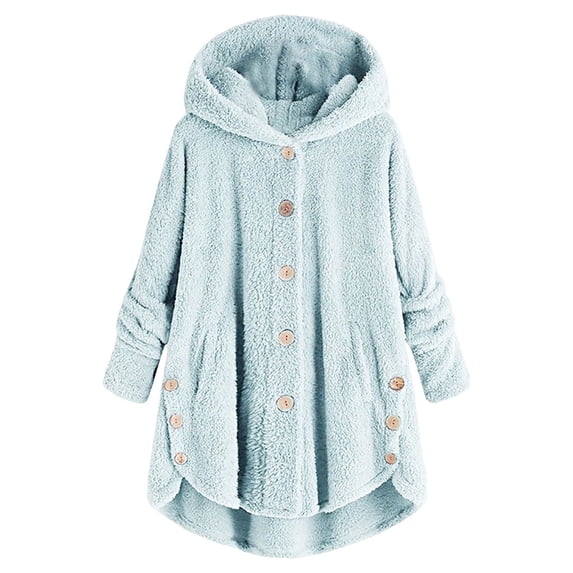 Ecqkame Womens Vintage Loose Baggy Mid Long Fuzzy Fleece Jacket Plus Size Button Hooded Trench Coat Loose Overcoats Outwear Jackets Blue 5XL