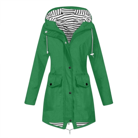Ecqkame Womens Waterproof Hooded Rain Jacket Casual Solid Color Zip-Up Coat with Striped Lining and Adjustable Cuffs Green M