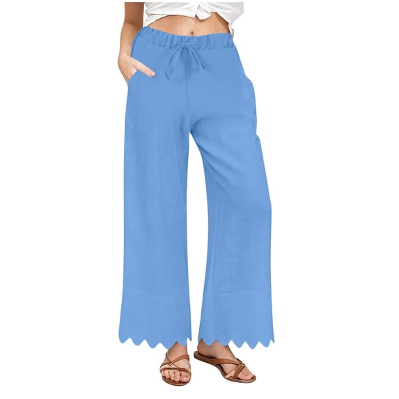 Ecqkame Womens Wide Leg Cotton Linen Pants Casual Loose Solid Color Elastic Waist Pant Lightweight Flowy Trousers with Pockets Blue XL