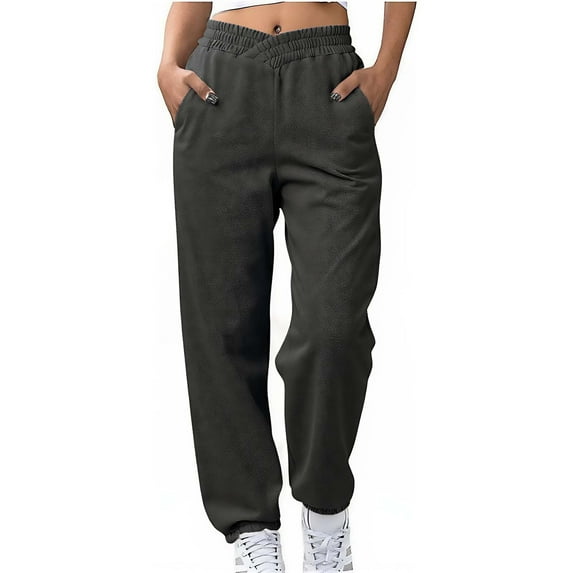 Ecqkame Womens Wide Leg Sweatpants Straight Elastic Waist Jogger Pants Solid Color Open Bottom Outdoor Sports Trousers with Pockets Gray M