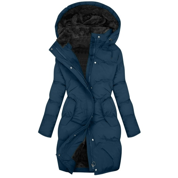 Ecqkame Womens Winter Down Jackets Medium Length Full Zip Warm Padded Parka Coats Winter Thickened Long Sleeved Outerwear Navy L