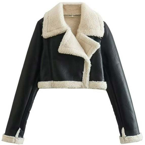 Ecqkame Womens Winter Warm Fleece Jacket CoatWomen's Lamb Hair Short Coat New Zipper Motorcycle Style Jacket Black M