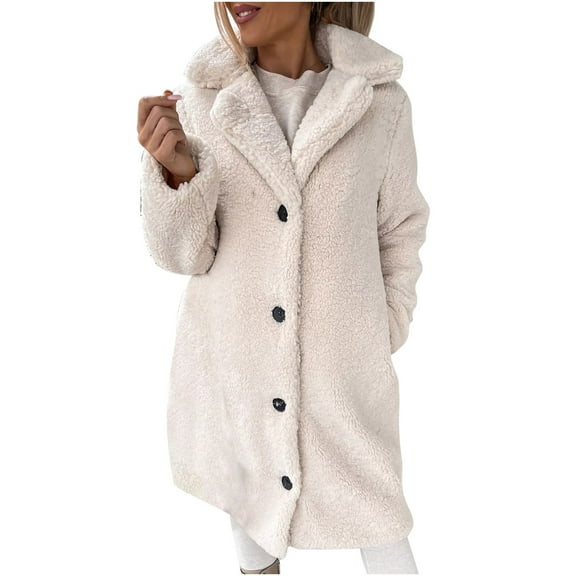 Ecqkame Womens Winter Warm Fleece Jacket Coat Women's Loose And Winter Wool Long Sleeved Lapel Women'S Wool Medium Long Coat Beige XXXXL