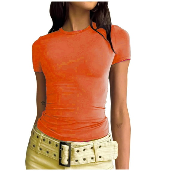 Ecqkame Womens Workout Tops Clearance Women's Short Sleeve Solid Color Basics Crewneck Casual Top Pullover T-shirt Orange M