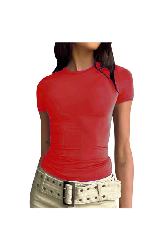 Womens Workout Tops Women's Short Sleeve Solid Color Basics Crewneck Casual Top Pullover T-shirt Red S
