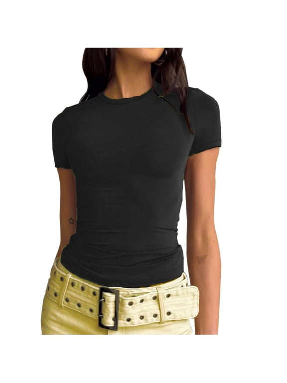 Womens Workout Tops Women's Short Sleeve Solid Color Basics Crewneck Casual Top Pullover T-shirt Black XL