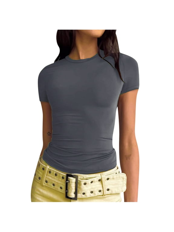 Womens Workout Tops Women's Short Sleeve Solid Color Basics Crewneck Casual Top Pullover T-shirt Dark Gray XL