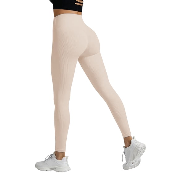 Ecqkame Womens Yoga Leggings Solid Color Hip Lift Fitness Elastic High Waist Exercise Sports Running Long Pants Beige XXXL