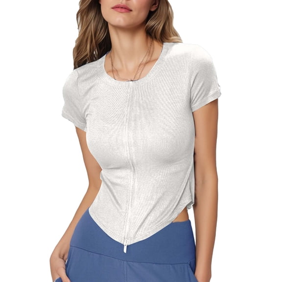 Ecqkame Womens Yoga Tops Double Zipper Round Neck Short Sleeve T Shirts Casual Crop Tunic Going Out Sports Blouses White S