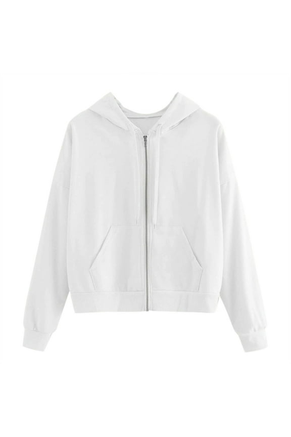 Womens Zip Up Cropped Hoodie Women Casual Solid Long Sleeve Zipper Pocket Shirt Hooded Sweatshirt Tops White L