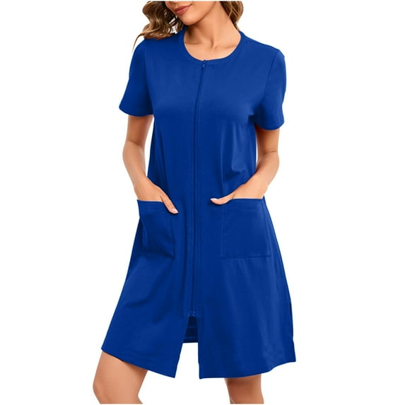 Ecqkame Womens Zipper Robe Short Sleeve Loungewear Solid Color Nightgown Lightweight Knee Length Bathrobe with Pockets 01-Blue M