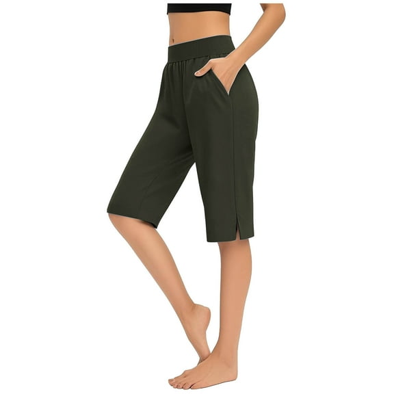 Ecqkame Yoga Capri Pants for Women Solid Color High Waisted Leggings Sports Pants with Pockets Casual Side Split Athletic Pants Army Green