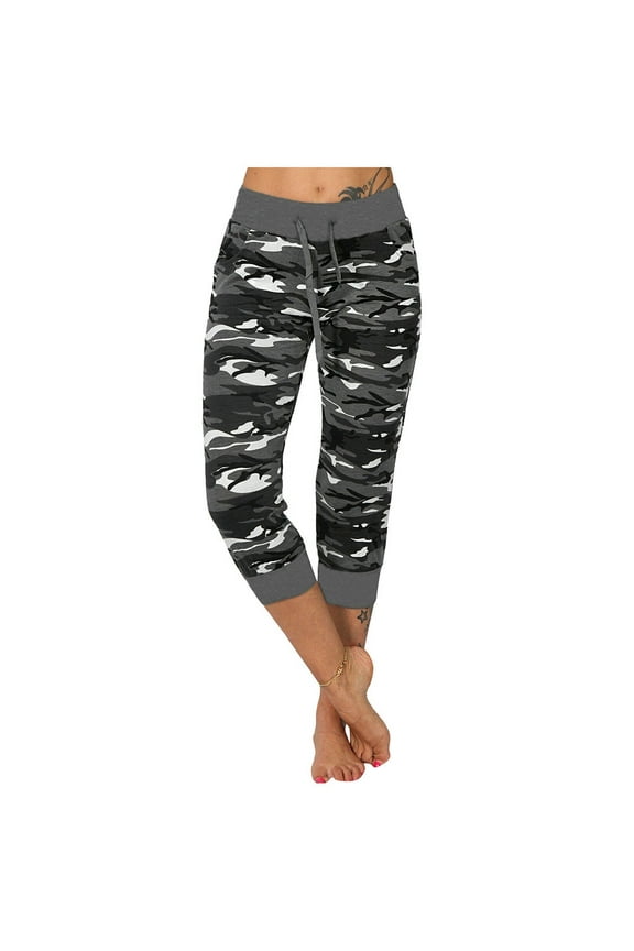 Yoga Pants Women Camouflage Printed Panel Drawcord Fashion Capris Casual Cropped Leg Pants A-Gray XXL