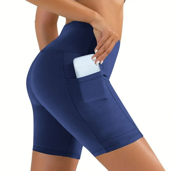 Ecqkame Yoga Shorts for Women Stretchy High Waisted Leggings Soft Athletic Shorts Solid Color Tummy Control Workout Shorts with Pockets 01-Blue XL