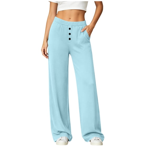 Ecqkame Yoga Sweatpants for Women Straight Leg Elastic High Waist Solid Baggy Pants Daily Casual Sports Workout Jogger Trousers Light Blue XL