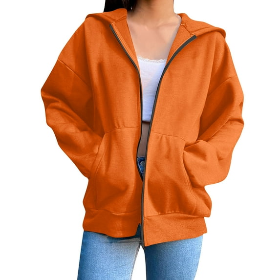Ecqkame Zip Up Hoodie Women Oversized Long Sleeve Sweatshirts V-Neck Solid Color Casual Cute Fall Jackets with Pocket Orange L
