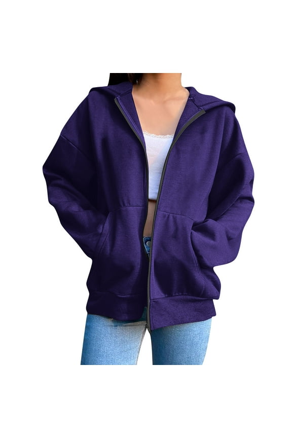 Zip Up Hoodie Women Oversized Long Sleeve Sweatshirts V-Neck Solid Color Casual Cute Fall Jackets with Pocket Purple XL