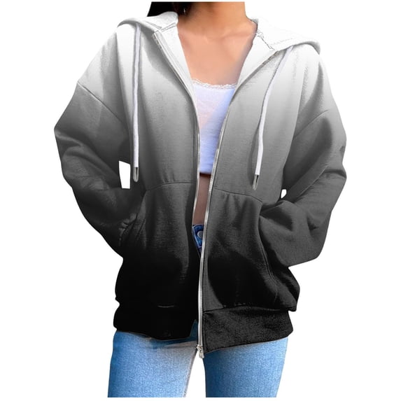 Ecqkame Zip up Hoodies for Women Athletic Casual Gradient Color Drawstring Sweatshirt Long Sleeve Loose Hoodies with Pockets Gray XXL