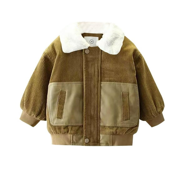 Ecqkame Boys Fleece Lined Jackets Winter Thick Turndown Collar Corduroy Coats Solid Color Warm Sherpa Outwear Jacket Khaki 9 Years
