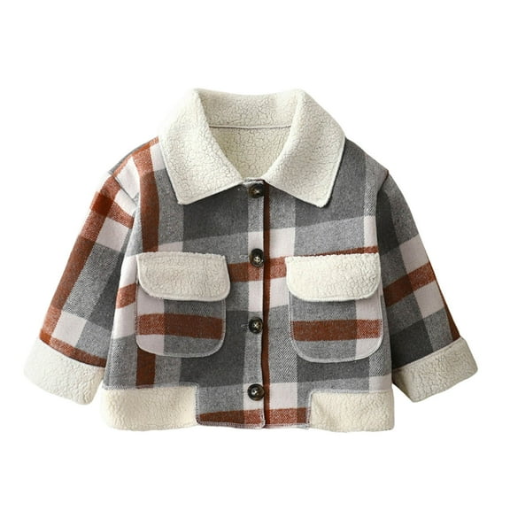 Ecqkame Children's Plaid Jackets Long Sleeve Lapel Button Down Jacket Boys Girls Fleece Lined Warm Soft Outwear Gray 1-2 Years