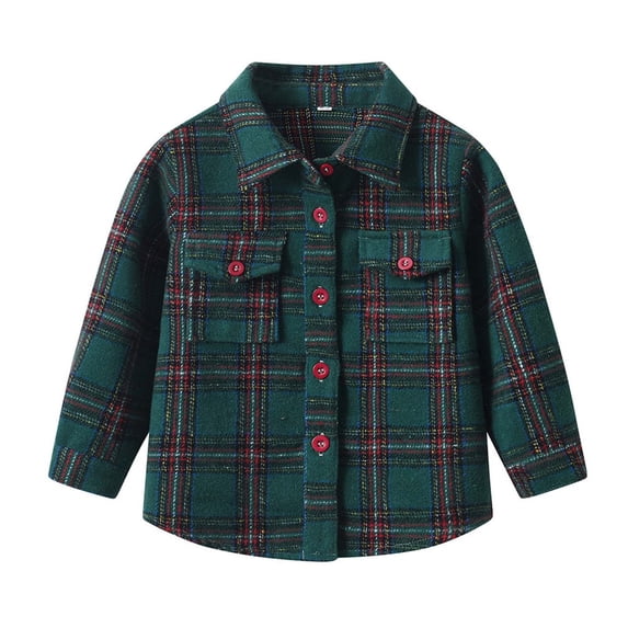 Ecqkame Girls Boys Plaid Jackets Lapel Long Sleeved Button Classic Coats Casual Lightweight Outerwear with Pocket Green 4 Years