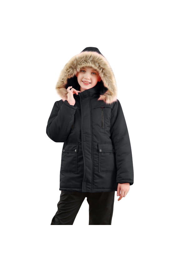 Girls Boys Winter Puffer Jackets Warm Full Zip Thickened Solid Color Snow Jacket with Removeable Faux Fur Hood Black 9 Years
