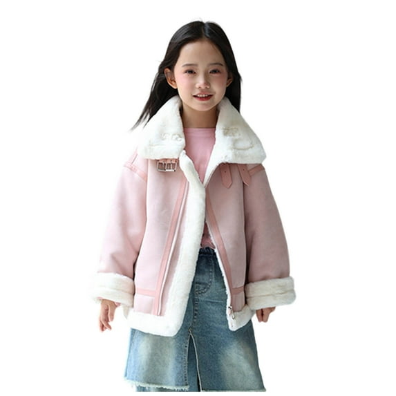 Ecqkame Girls Faux Suede Jackets Winter Sherpa Fleece Lined Zip Up Coats Solid Color Long Sleeve Thickened Lapel Outerwear Pink 7 Years