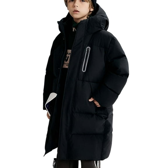Ecqkame Girls Winter Down Coats Warm Puffer Mid Length Hood Jackets Solid Color Thickened Windproof Parka Outerwear Black 10-11 Years
