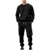 Ecqkame Men's Sweatsuits Fleece Warm 2 Piece Sets Outfits Long Sleeve Crewneck Pullover Active Joggers Sweatpants Tracksuits Set Black XXXL