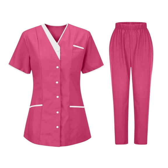 Ecqkame&nbsp;Scrubs Sets for Women V Neck Nursing Tunic Uniform Clinic Multiple Pockets Elastic Waist Pants Nurses Sets&nbsp;Hot Pink&nbsp;XXL