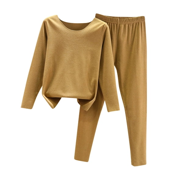 Ecqkame Women's Thermal Underwear Sets Lightweight Soft Fleece Lined Solid Color Base Layer Warm and Velvet Pajamas Set Khaki M