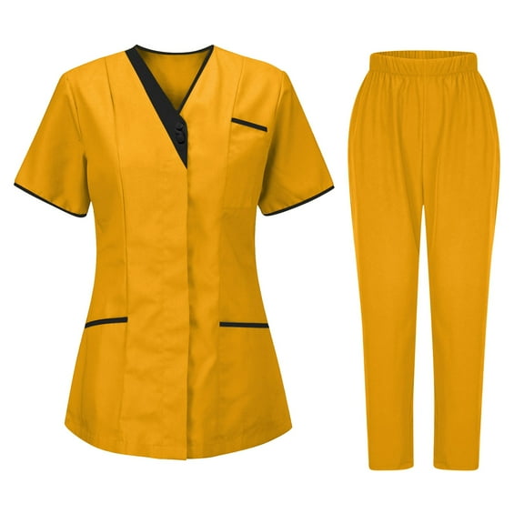 Ecqkame scrub sets for woman Solid Color Stretch Cargo Tunic Pocket Natural Uniforms V-Neck Short Sleeve Scrubs Set Yellow L