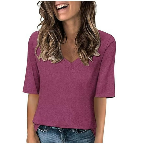 Ecqkame Summer Trendy Tops Women Elbow-Length V-Neck Solid Color Shirts Loose Soft Casual Breathable Blouse Purple-A M