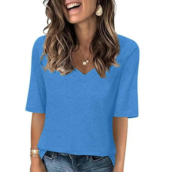 Ecqkame Summer Trendy Tops Women Elbow-Length V-Neck Solid Color Shirts Loose Soft Casual Breathable Blouse Sky Blue XL