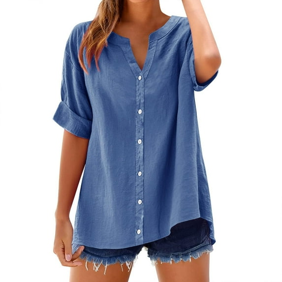 Ecqkame summer tops for women 2025 Elbow-Length Sleeve V Neck T-Shirts Casual Loose Solid Color Button Blouse 01-Blue L