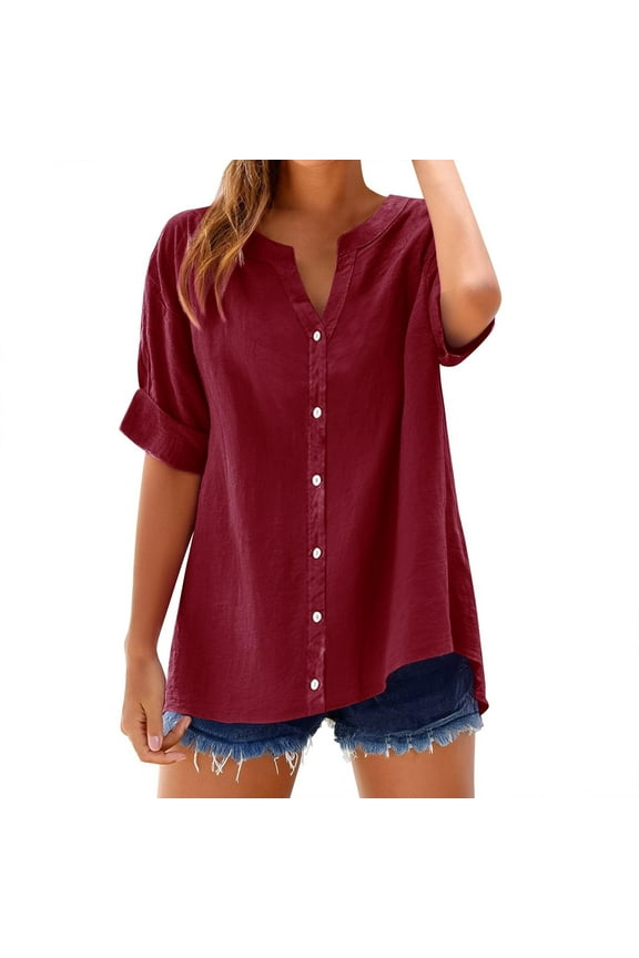summer tops for women 2025 Elbow-Length Sleeve V Neck T-Shirts Casual Loose Solid Color Button Blouse 01-Red XL